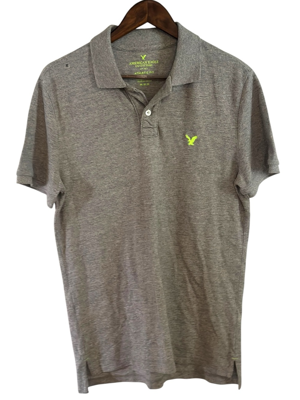 NWT American Eagle Men's Athletic Fit Polo Shirt Medium Heather Gray Neon Logo